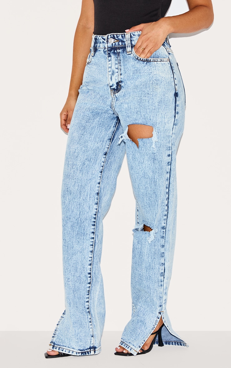 Petite Ice Blue Ripped Split Hem Jeans image 2