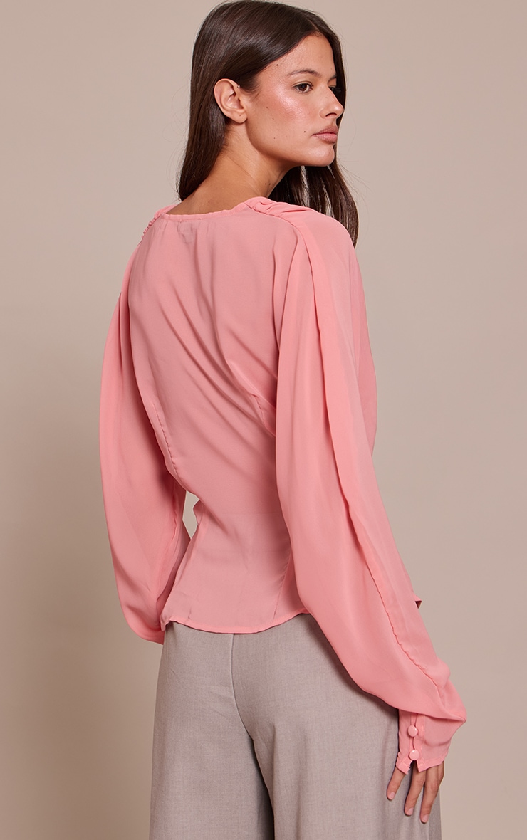 Peach Chiffon Cowl Neck Long Sleeve Blouse image 2