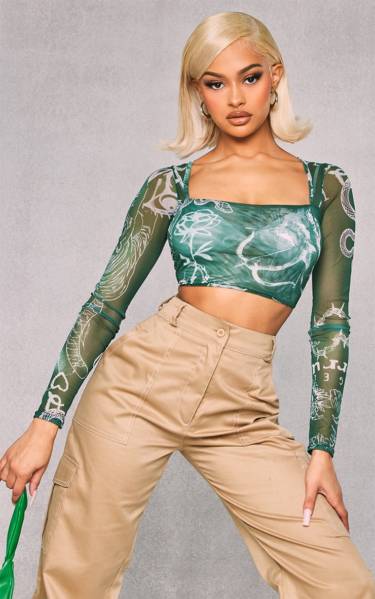 Green Tattoo Print Mesh Square Neck Crop Top