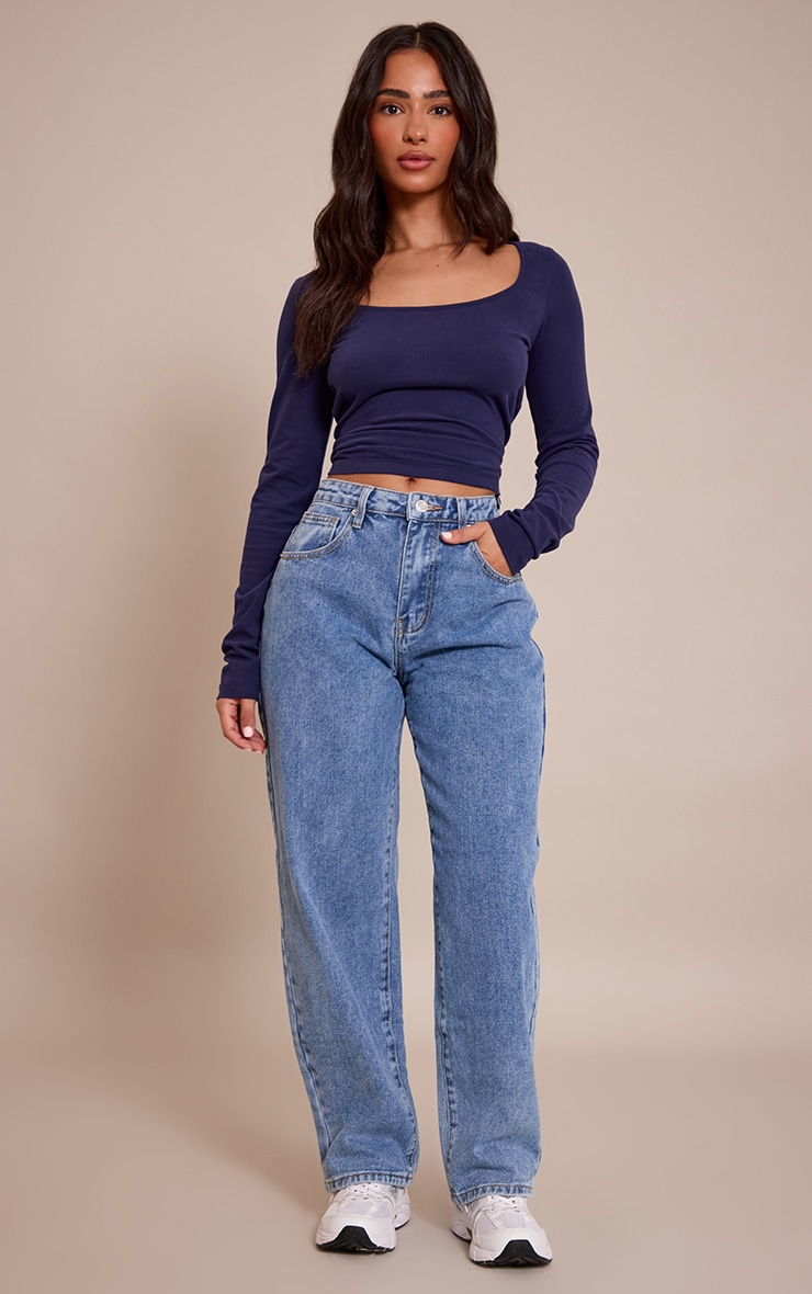 Petite Top en coton doux indigo foncé à col rond et manches longues image 3