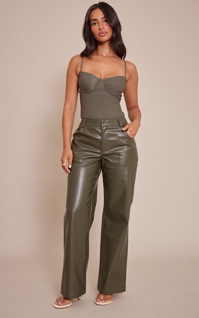 Petite Dark Olive Faux Leather Straight Leg Pants