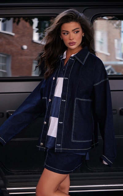 Chemise en jean délavé indigo à coutures contrastantes et poches