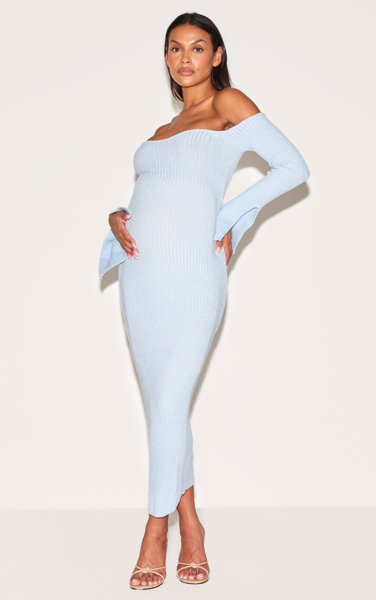 Maternité Robe de grossesse en maille bleu ciel contrastée à épaules dénudées image 3