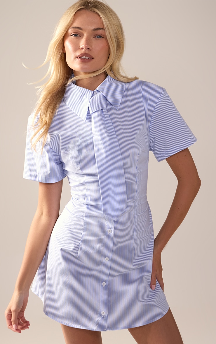 Blue Striped Tie Detail Short Sleeve Shirt Dress