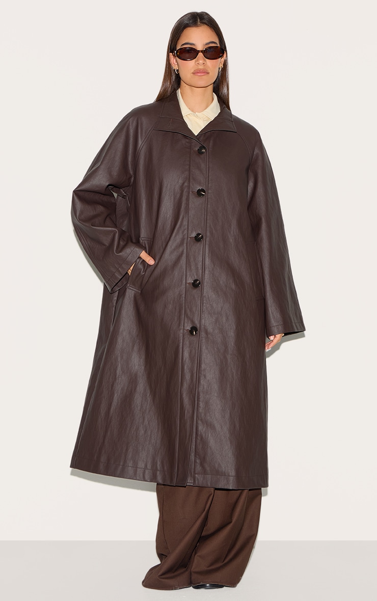 Brown Funnel Neck Faux Leather Trench Coat image 3