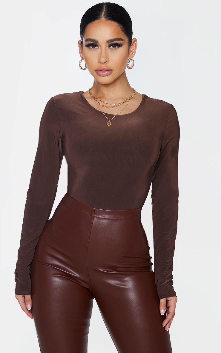 Shape Chocolate Brown Slinky Round Neck Long Sleeve Bodysuit