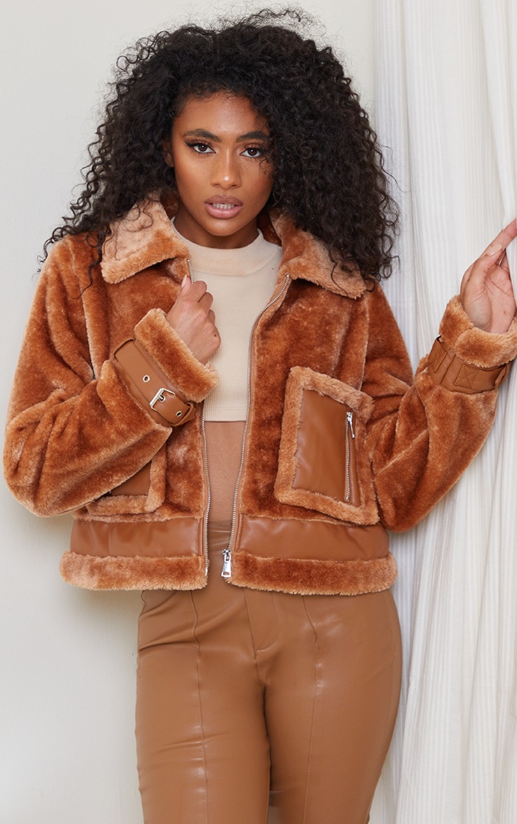 Camel Faux Fur Contrast PU Pocket Cropped Jacket