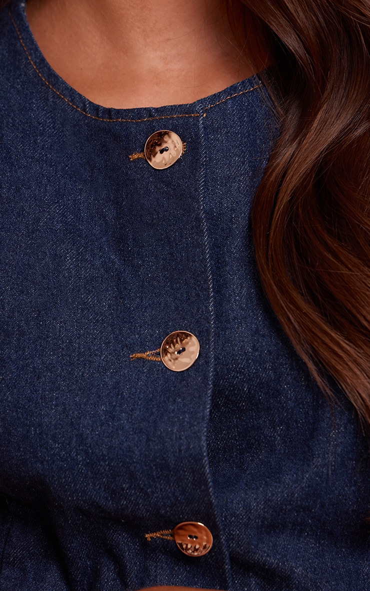Dark Blue Button Detail Peplum Denim Top image 4