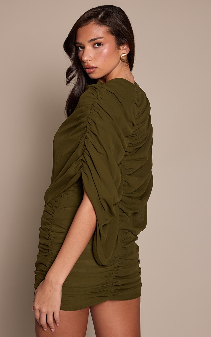 Olive Chiffon Overlay Detail Ruched Mini Dress image 2
