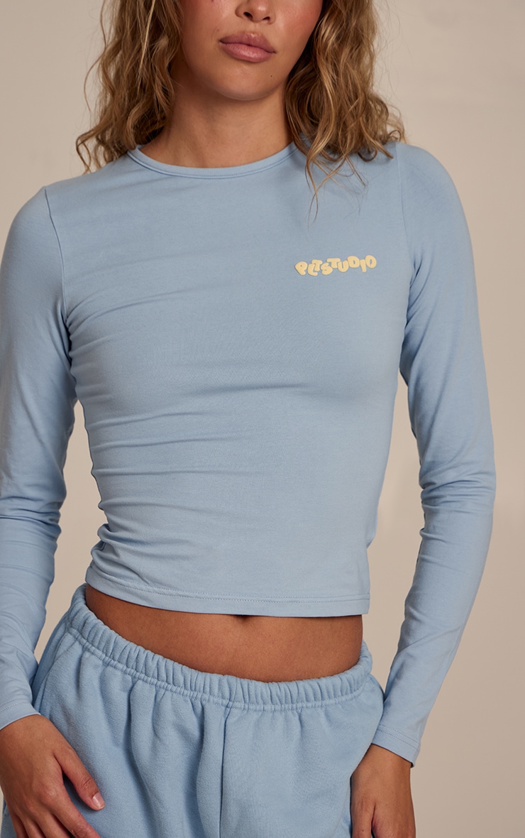 Baby Blue Plt Studio Puff Print Cotton Long Sleeve Crop Top image 4
