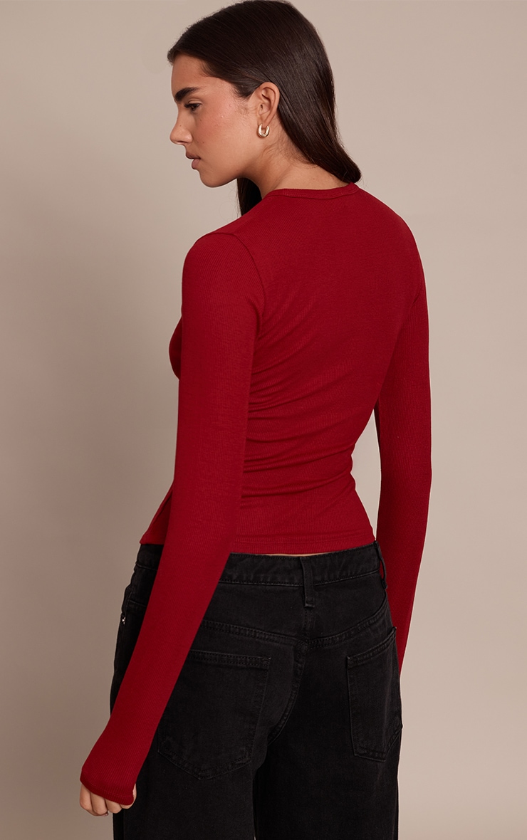 Deep Red Soft Rib Button Down Long Sleeve Top image 2