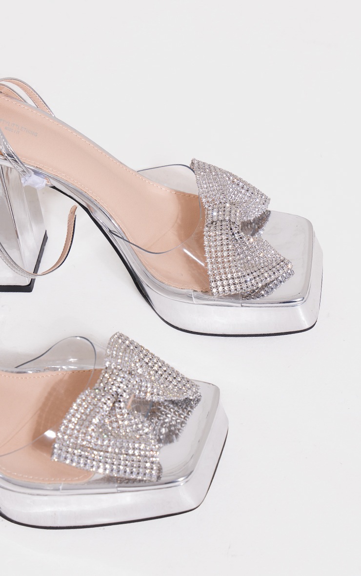 Silver Wide Fit Diamante Bow Strap Platform High Heeled Sandals image 4