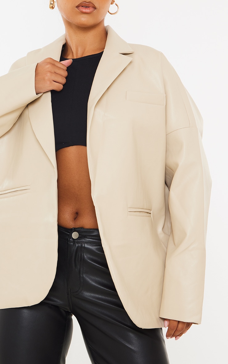 Beige Faux Leather Drop Shoulder Oversized Dad Blazer image 4