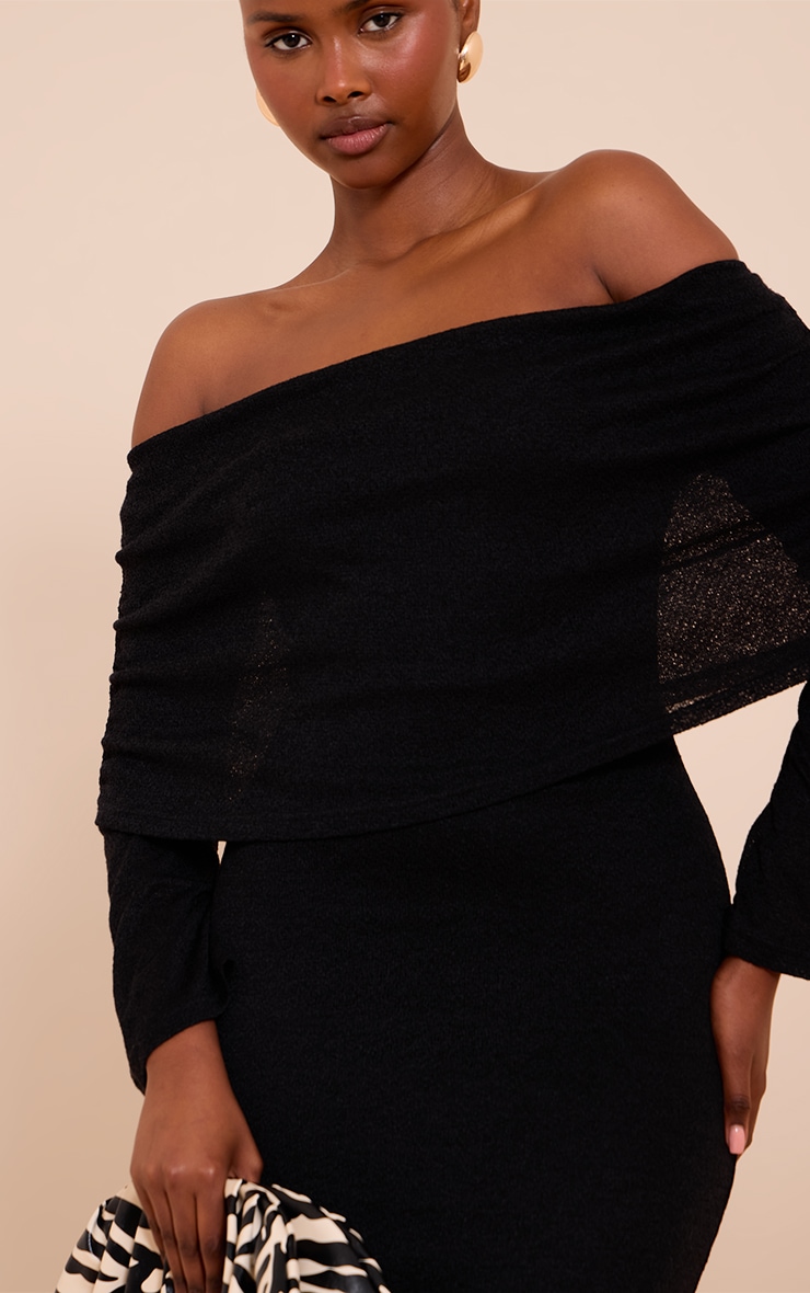 Black Textured Bardot Foldover Maxi Dress image 4