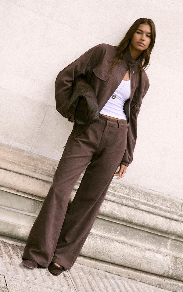 Pantalon droit en peau de pêche marron