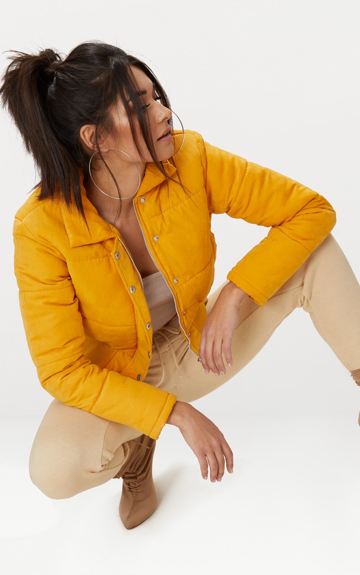 Mustard Peach Skin Cropped Puffer Jacket PrettyLittleThing