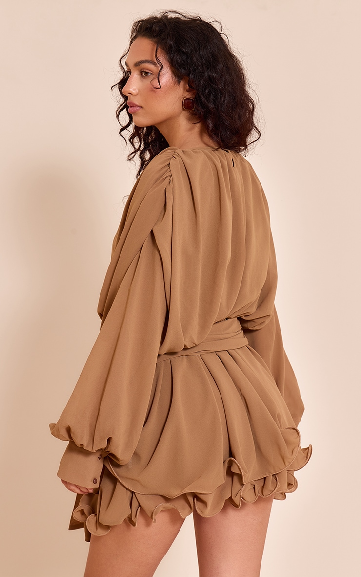 Chocolate Floaty Tie Detail Long Sleeve Shift Dress image 2