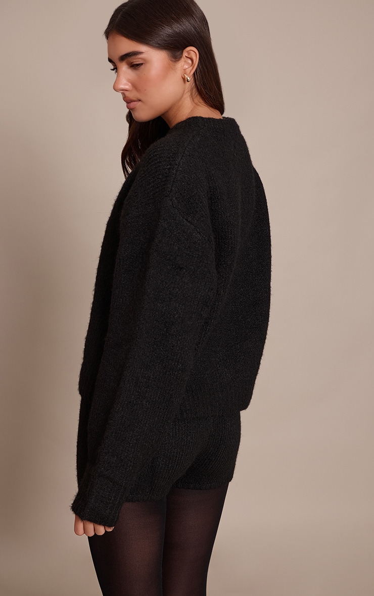 Black Brushed Oversized Detail Round Neck Cardigan image 2