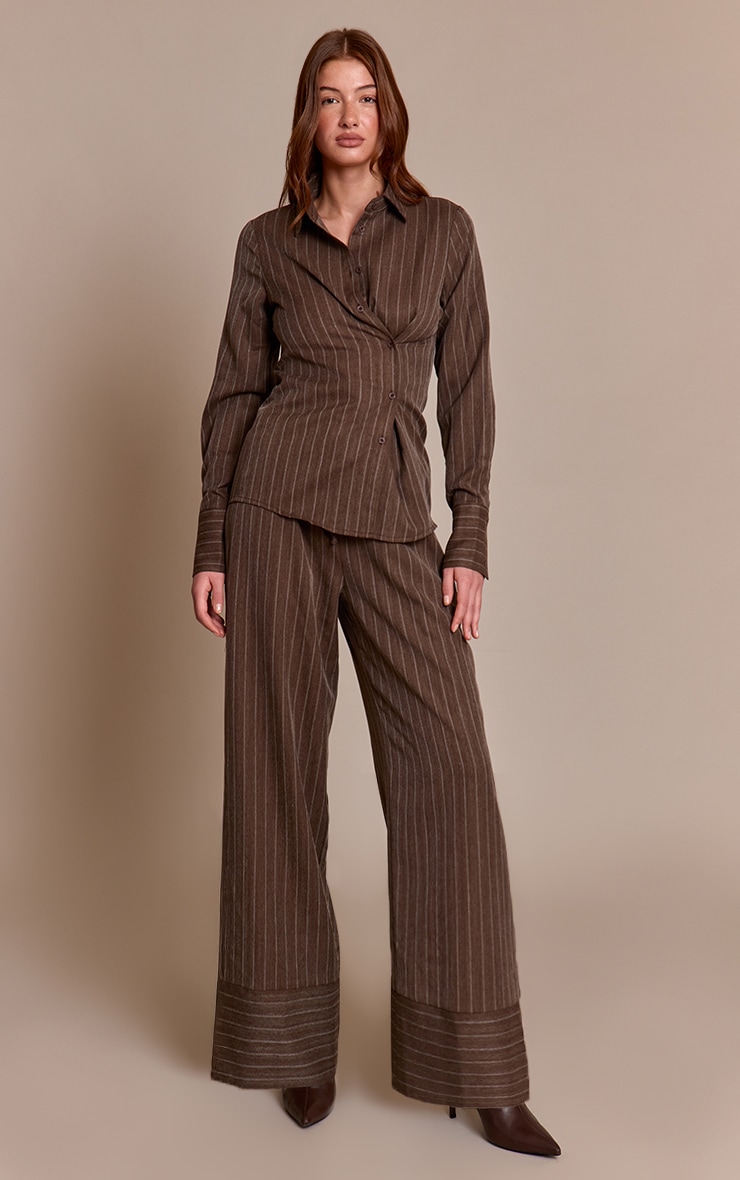 Brown Pinstripe Woven Drawstring Pants image 1