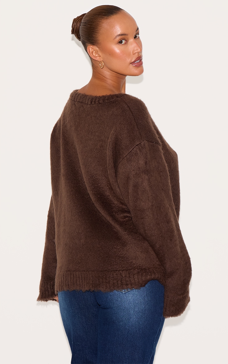 Plus Chocolate Slouchy V Neck Eyelash Knit Sweater image 2