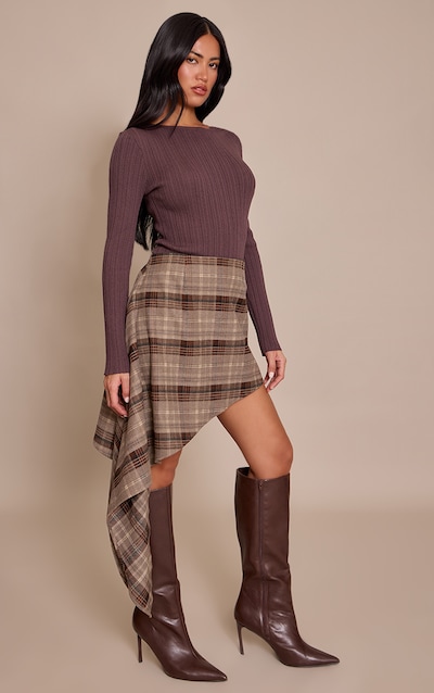 Brown Check Brushed Woven Asymmetric Mini Skirt