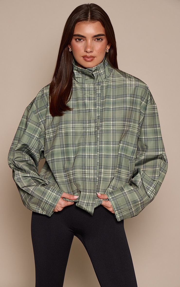 Khaki Checkered Button Up Windbreaker image 1