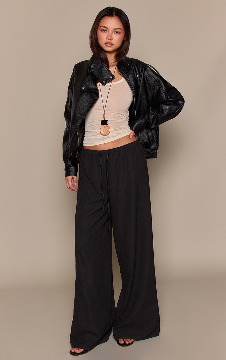 Black Crinkle Peachskin Wide Leg Trousers