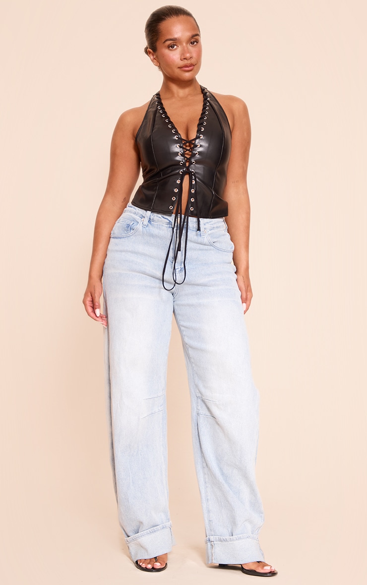 Shape BLACK Faux Leather Halter Neck Lace Up Corset image 3