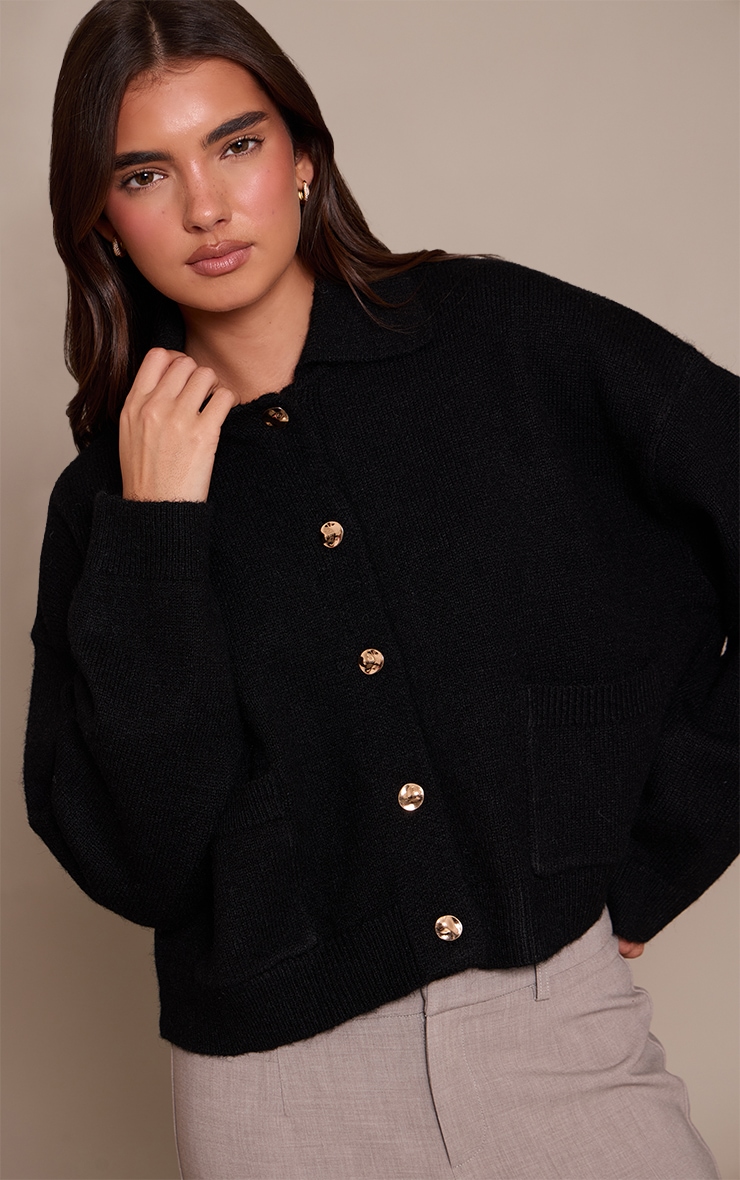 Black Brushed Knit Collar Cardigan image 1