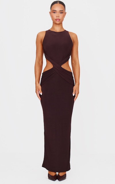 Chocolate Double Layer Slinky Twist Front Maxi Dress
