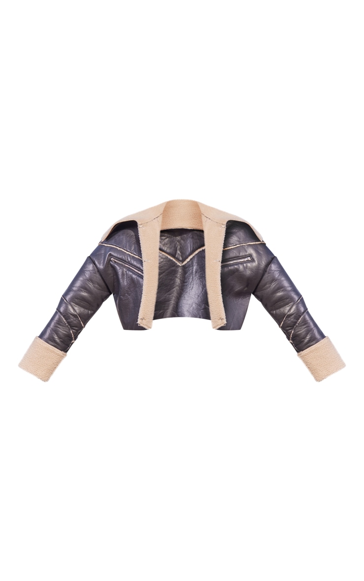 Black Bonded Borg Lined Faux Leather Cropped Aviator Jacket image 5