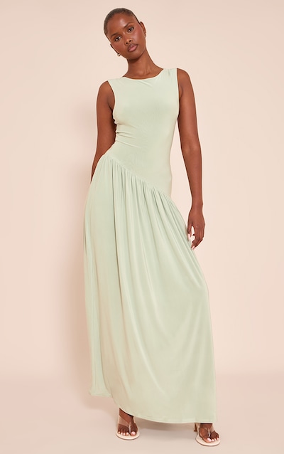 Robe longue doublée douce sauge à taille tombante asymétrique