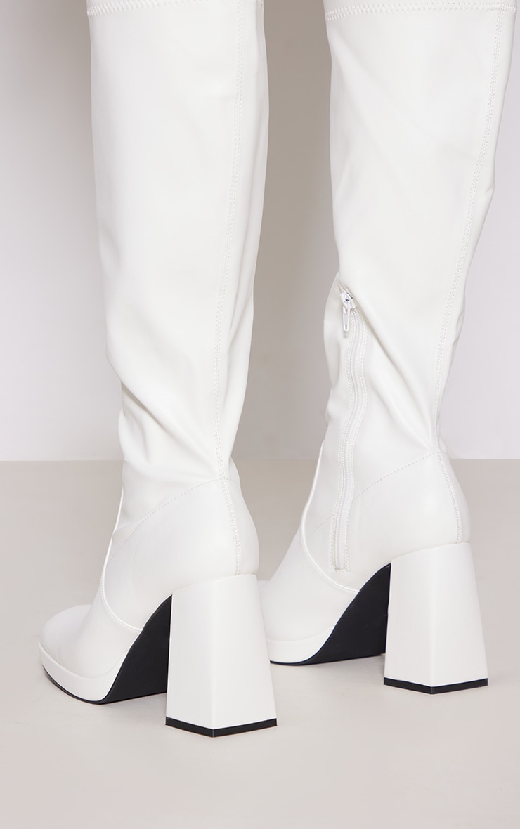 White Wide Fit Pu Slight Platform High Block Heeled Knee Boots image 2