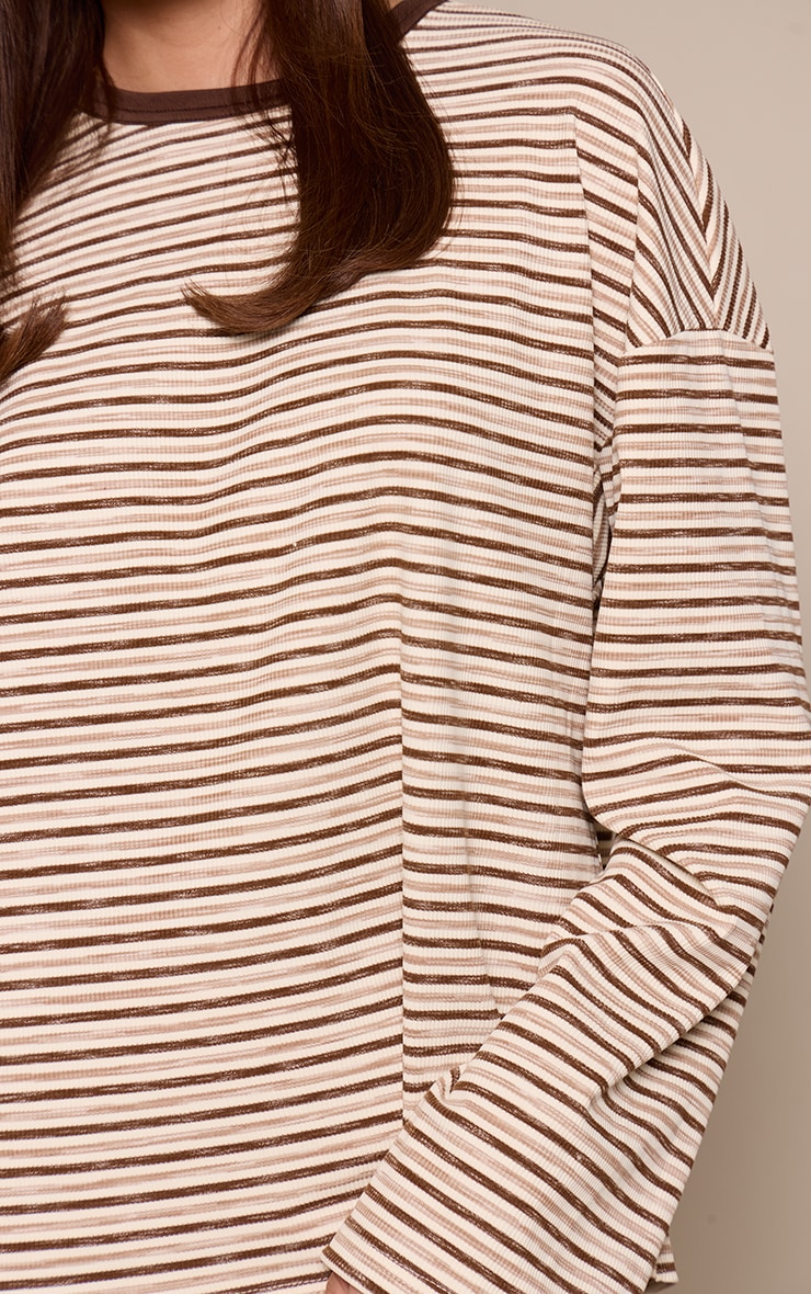 Light Brown Soft Rib Striped Detail Oversized Long Sleeve Top image 4