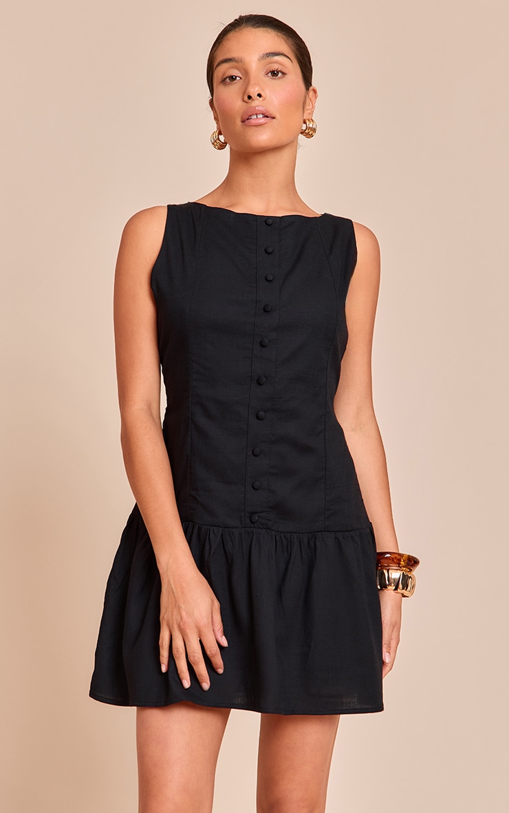 Petite Black Button Up Shift Mini Dress image 1