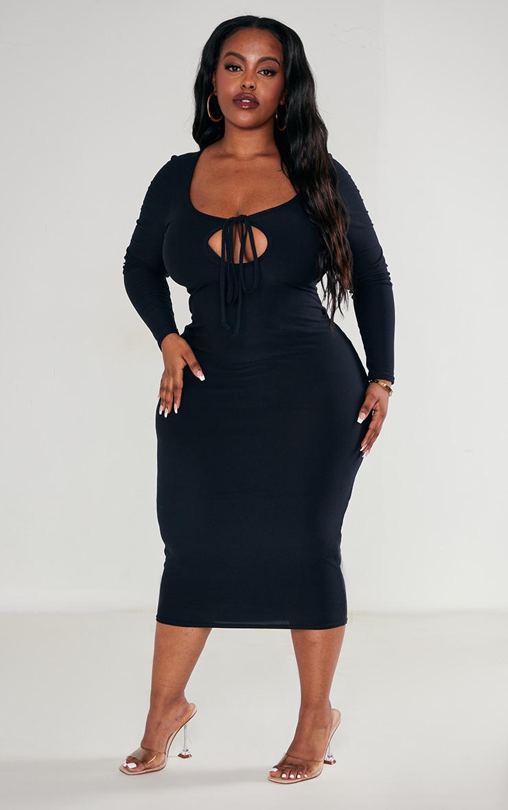 Plus Black Soft Touch Tie Front Long Sleeve Dress image 3