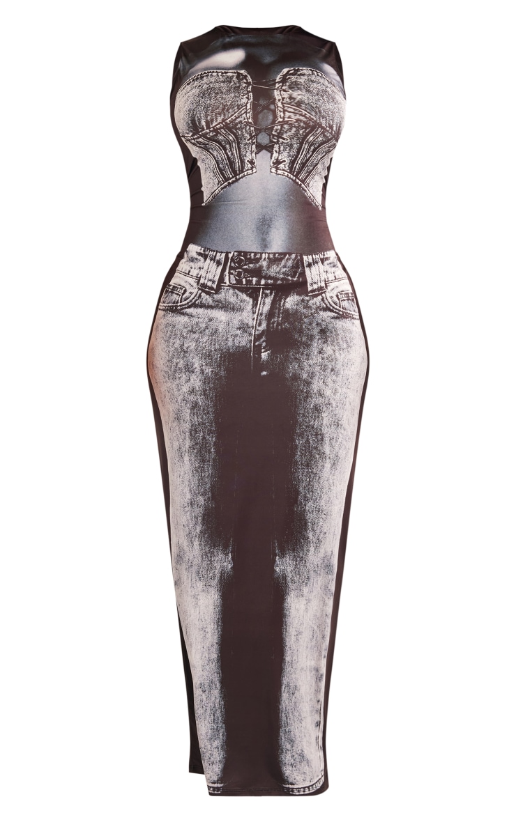 Shape Charcoal Body Denim Print Sleeveless Maxi Dress