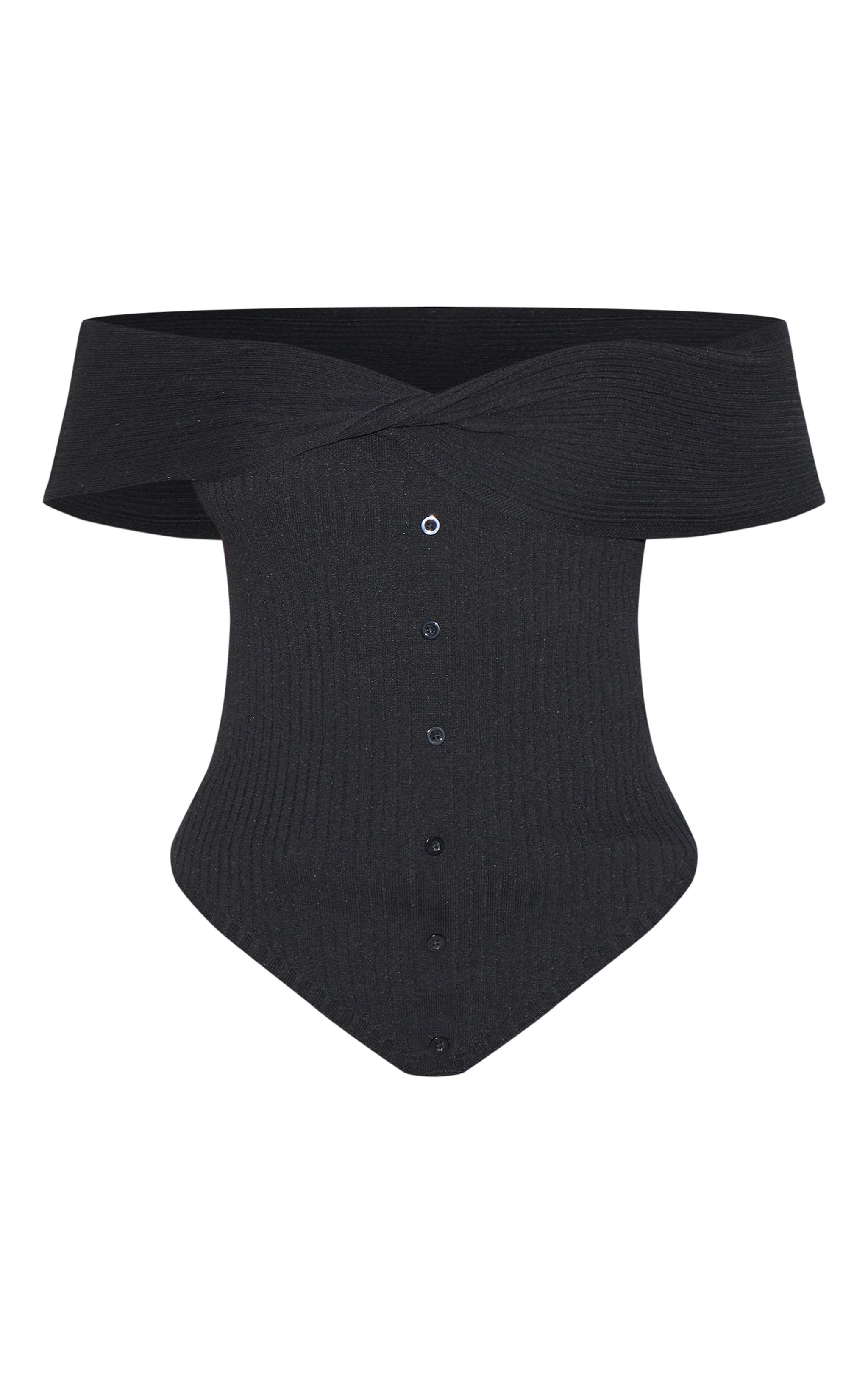 Black Rib Knit Twist Bardot Button Through Top image 5