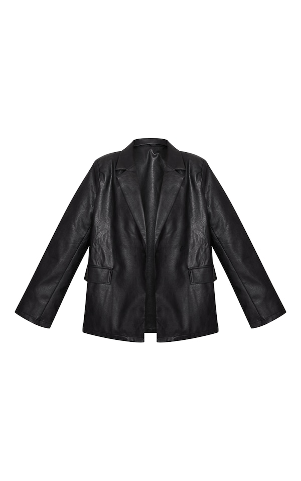 Black Distressed Pu Oversized Shoulder Pad Blazer PrettyLittleThing