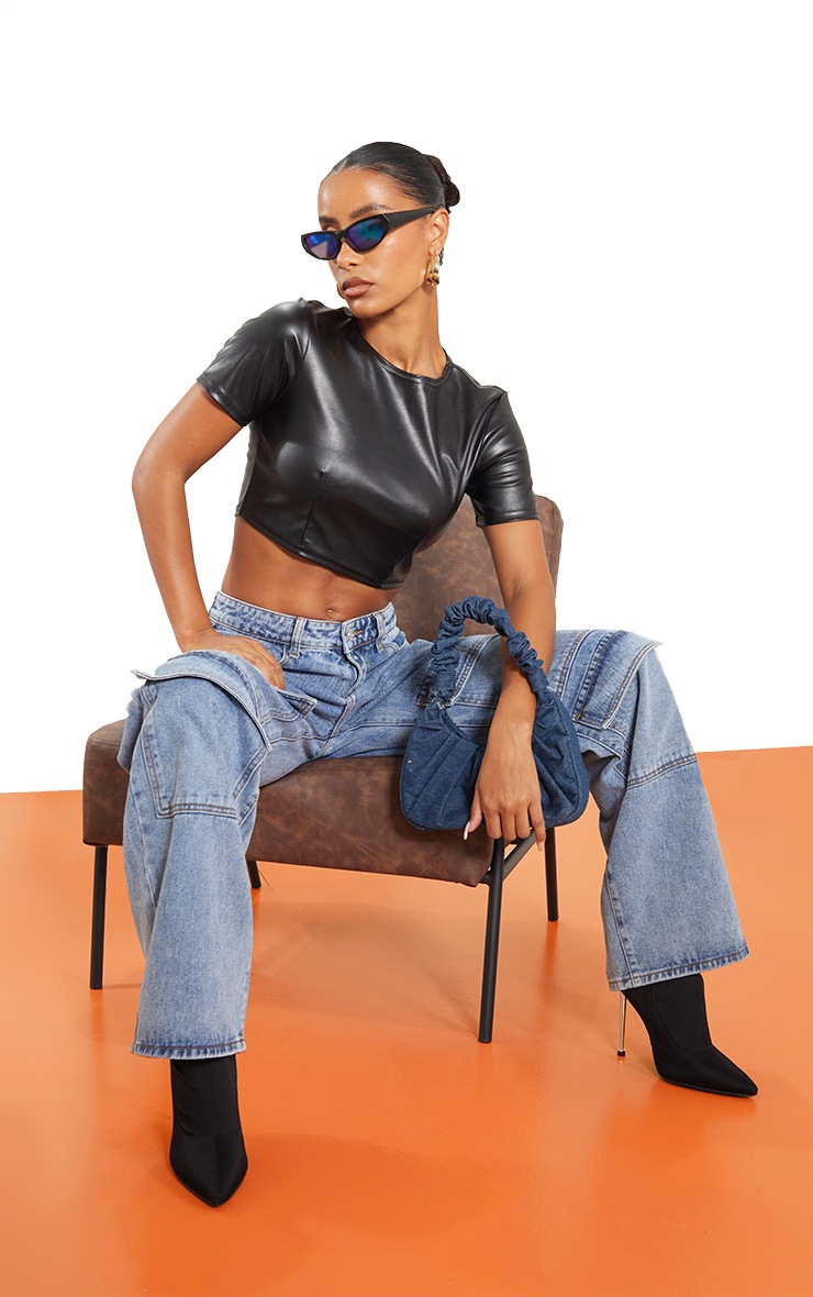 Black Faux Leather High Neck Crop Top