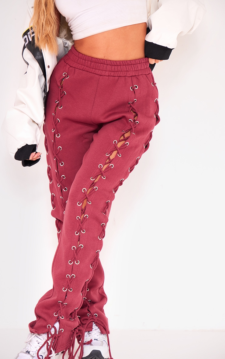 Cherry Red Lace Up Side Detail Oversized Track Pants image 4