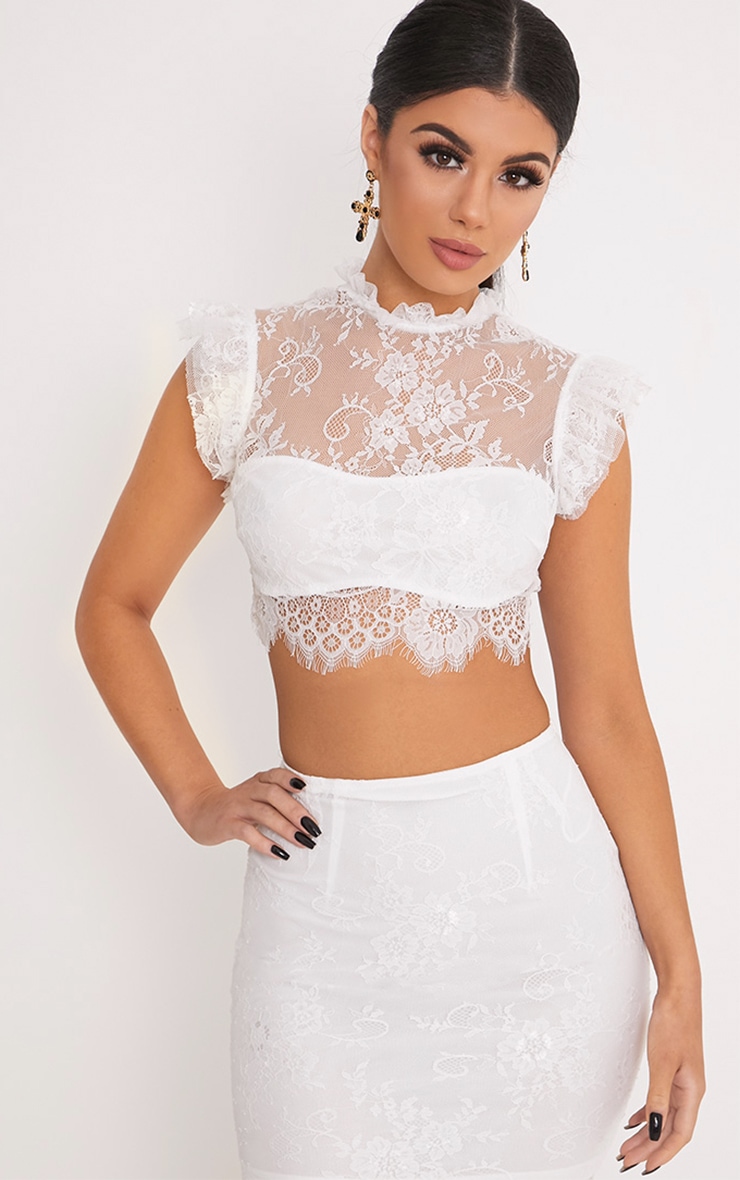 Marla White Lace High Neck Frill Crop Top Tops PrettyLittleThing