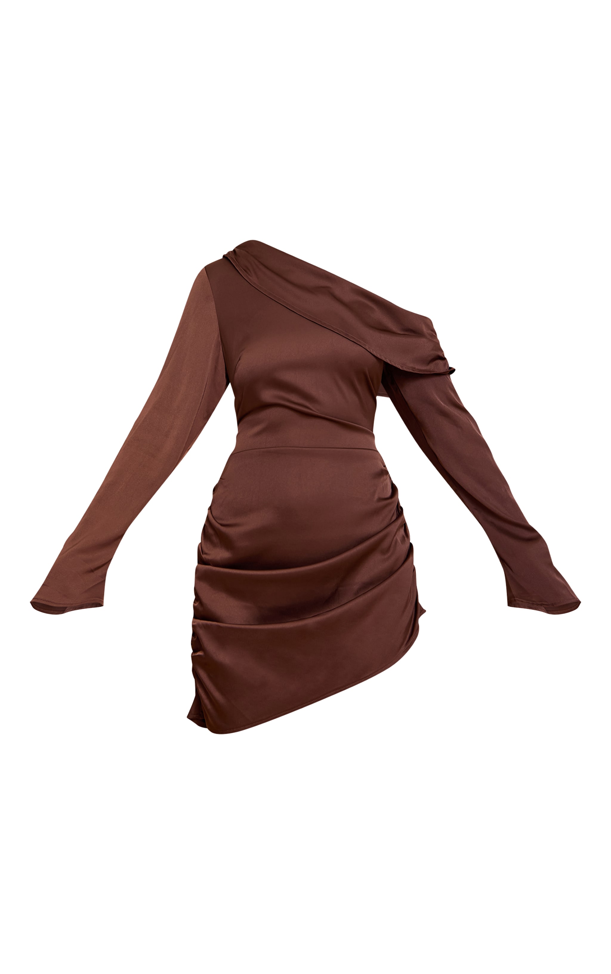 Chocolate Satin One Shoulder Drape Bodycon Dress image 5