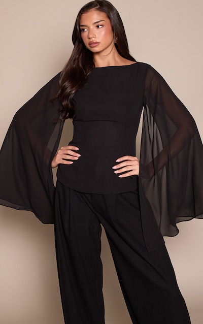 Black Chiffon Flare Sleeve Cape Detail Top