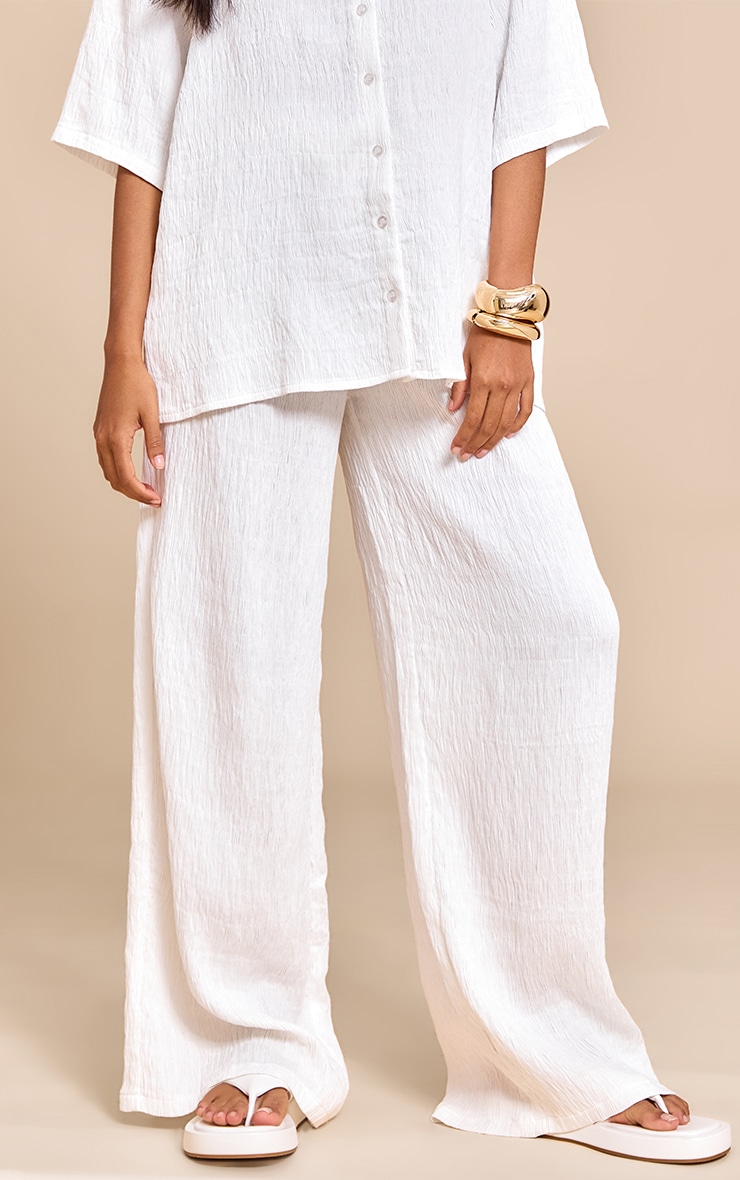 White Textured Woven Drawstring Wide Leg Pants image 2