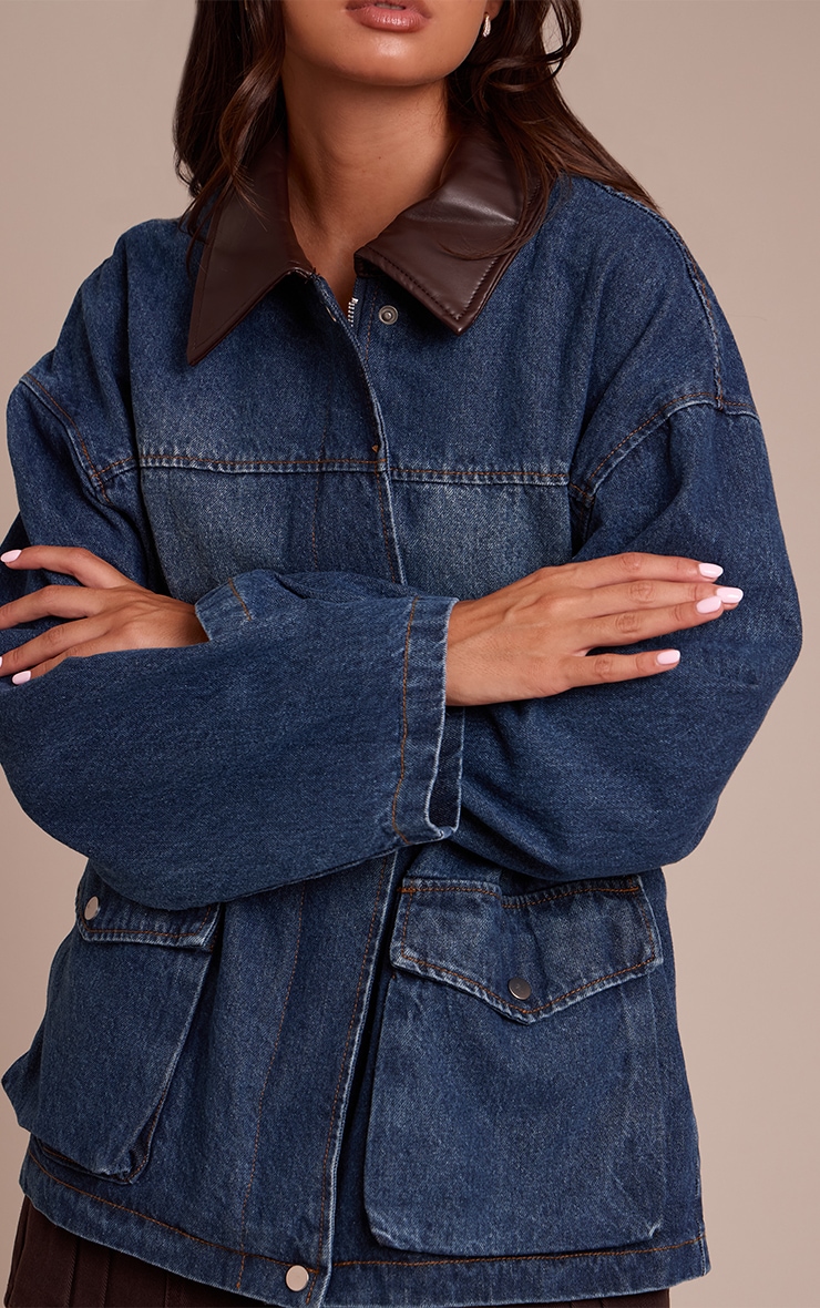 Dark Blue PU Contrast Collar Cinched Denim Jacket image 4