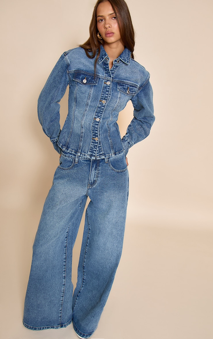 Veste en jean bleu moyen délavé à manches longues et taille cintrée image 3