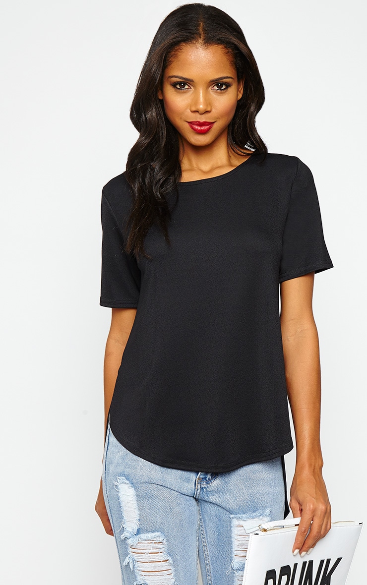 Caddie Black Drop Hem TShirt Shirts PrettyLittleThing