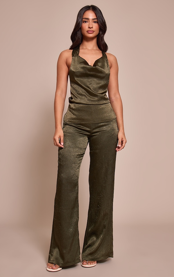 Petite Khaki Textured Wide Leg Pants 