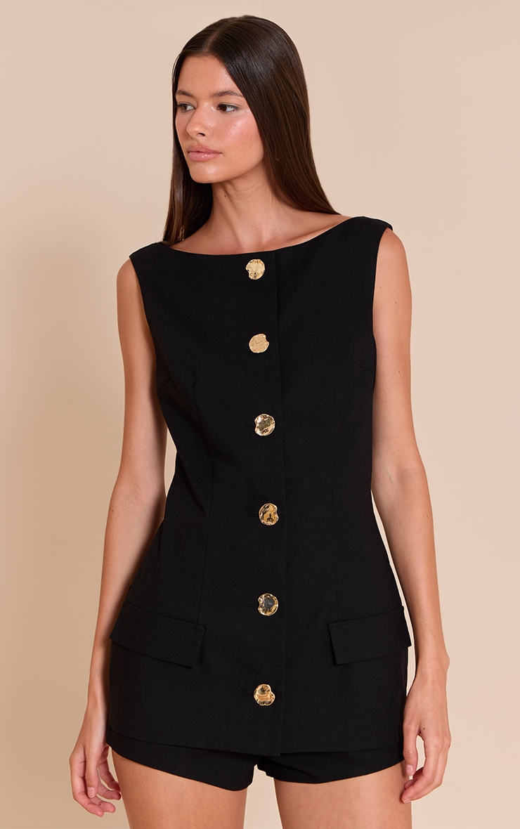 Black Woven Button Detail Skort Romper image 1